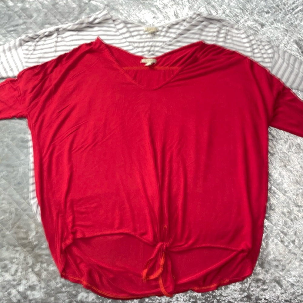Lot of 2 Bordeaux 3/4 Sleeve V Neck Tops with ties- 1 Red and 1 White & Gray.